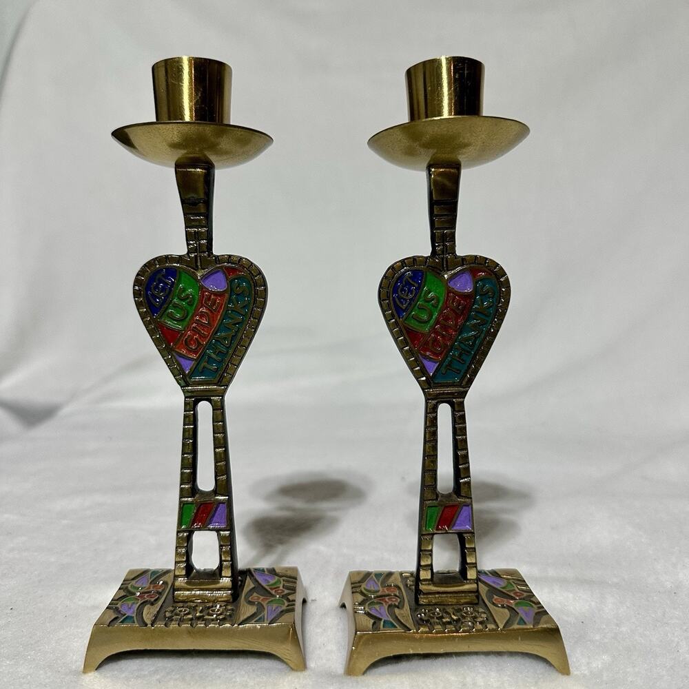 2 Terra Sancta Guild 1969 Brass Candlesticks Enamel Let Us Give Thanks Gold 7.5”